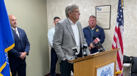 Bob Stefanowski at the Hartford Police Union office. At left, the union's president, Anthony Rinaldi.