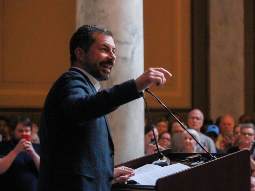 Former U.S. Secretary of Transportation Pete Buttigieg, an Indiana native, spoke at a rally at the Statehouse on Sept. 18, 2025 to oppose a Republican-led effort to redraw Indiana's congressional district map.