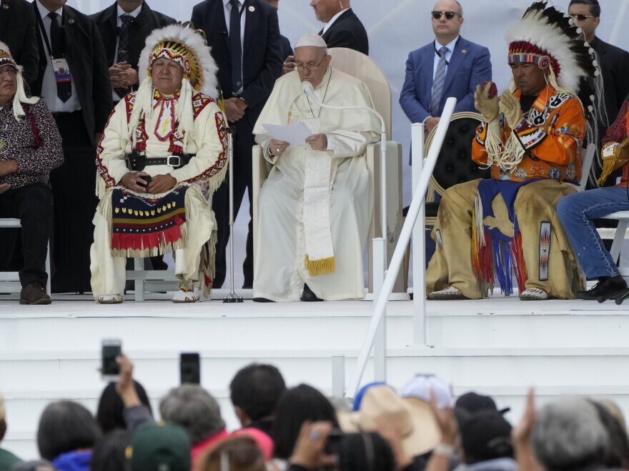 Pope Francis delivers remarks as he meets Indigenous communities — including First Nations, Metis and Inuit — at Our Lady of Seven Sorrows Catholic Church in Maskwacis, near Edmonton, Canada, on Monday