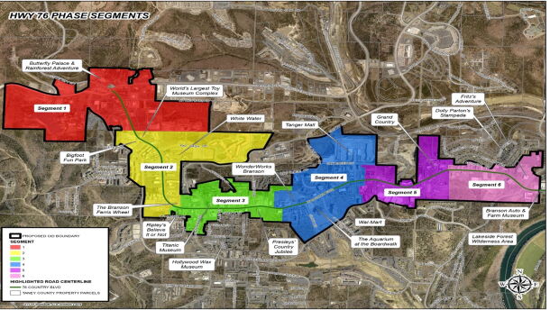 The Branson 76 ECID's segment map. Work on segments one and two, in red and yellow at the west end of the district, began this week.