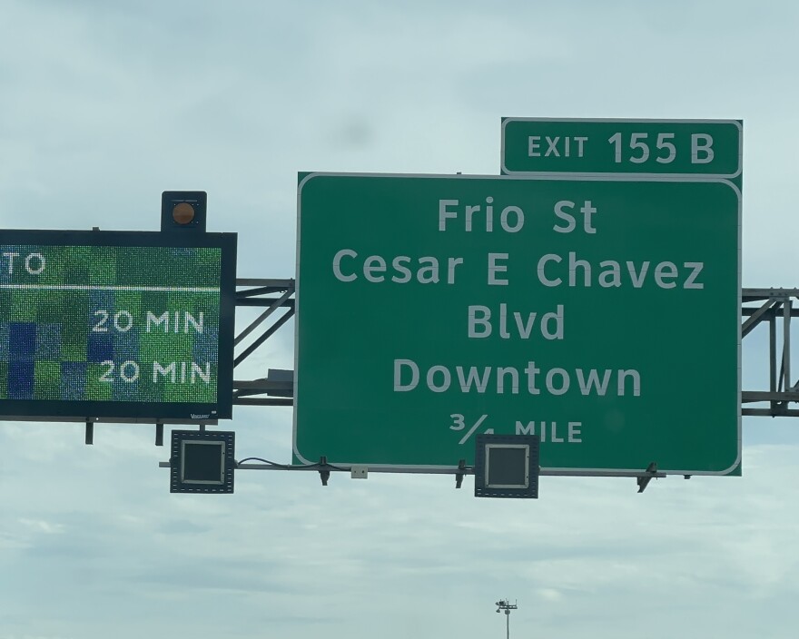 A TxDOT Highway sign in Downtown San Antonio along Interstate 35 and Interstate 10