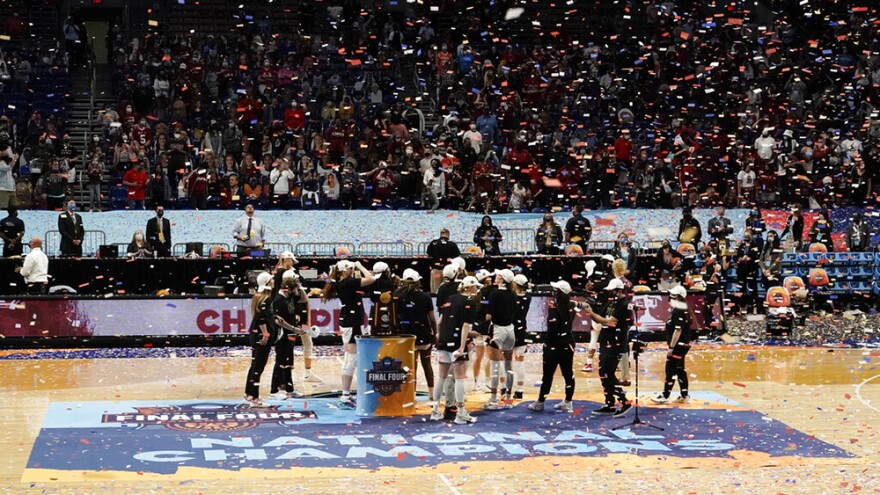 FILE - Stanford players celebrate on the court after the championship game against Arizona in the women's Final Four NCAA college basketball tournament in San Antonio, in this Sunday, April 4, 2021, file photo.
