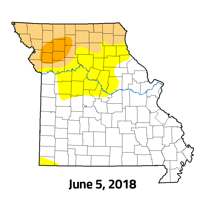 Northern Missouri has been experiencing drought since June. The United States Drought Monitor measures drought conditions ranked from abnormally dry in yellow to "exceptional" drought in deep red.