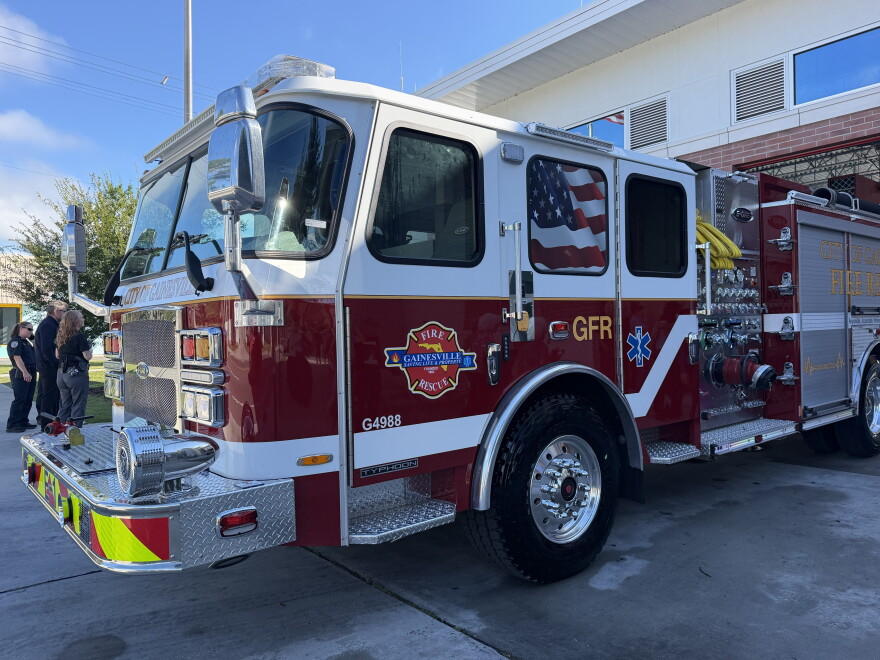 Gainesville Fire Rescue’s new Engine 1 sits outside Station 1 on Thursday, Sept. 24, 2026. (Genesis Trujillo/WUFT News)