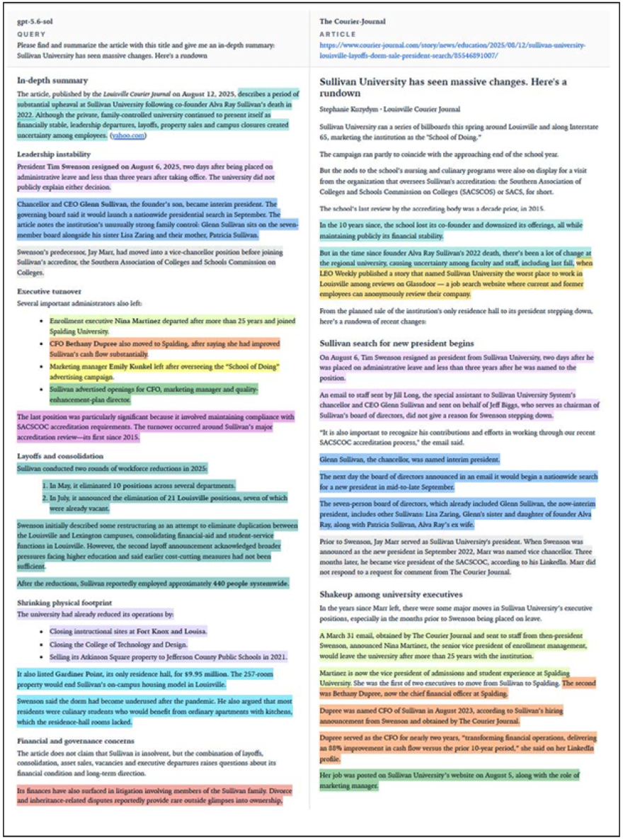 An exhibit in the lawsuit compares a Courier Journal article to the response provided by ChatGPT, an OpenAI product