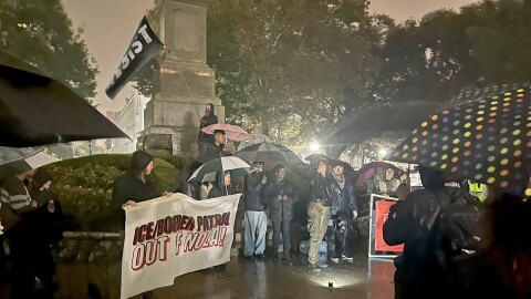 Demonstrators gather in Lafayette Square in New Orleans on Monday, December 1, 2025, to protest the expected deployment of about 250 Border Patrol agents to the city as part of “Operation Swamp Sweep.”