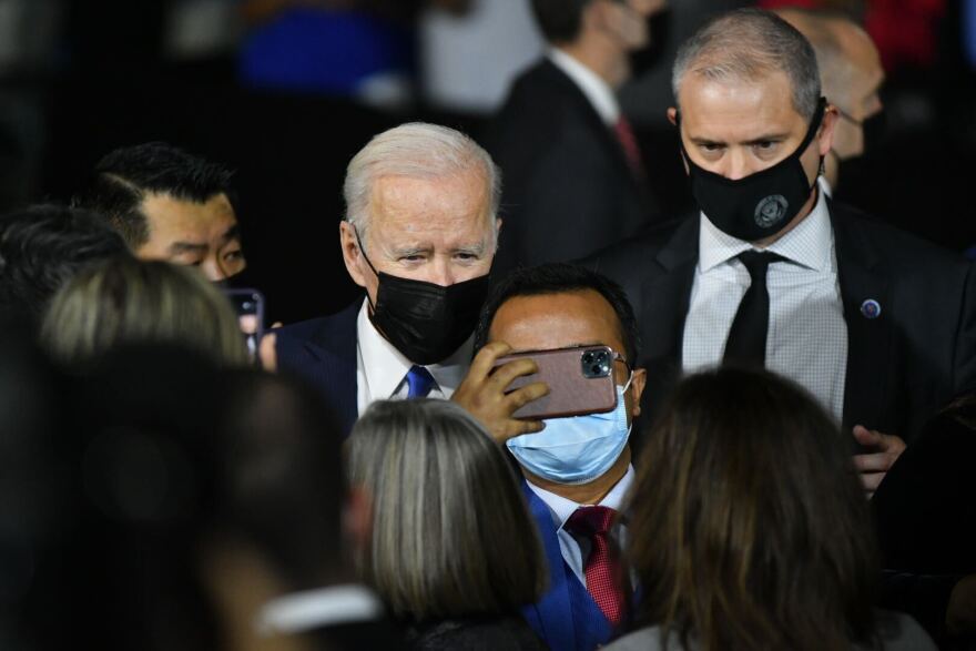  President Joe Biden poses for pictures after his infrastructure speech at the Kansas City Area Transit Authority on Wednesday.