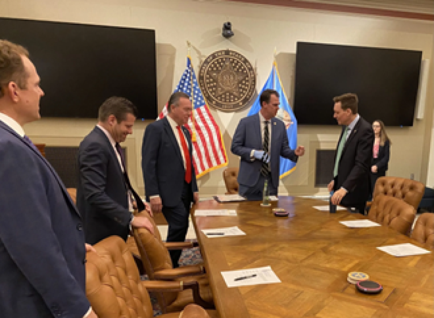 Oklahoma Gov. Kevin Stitt opens a meeting of the newly formed Invest in Oklahoma board at the Capitol in Oklahoma City on Tuesday, Feb. 17, 2026.