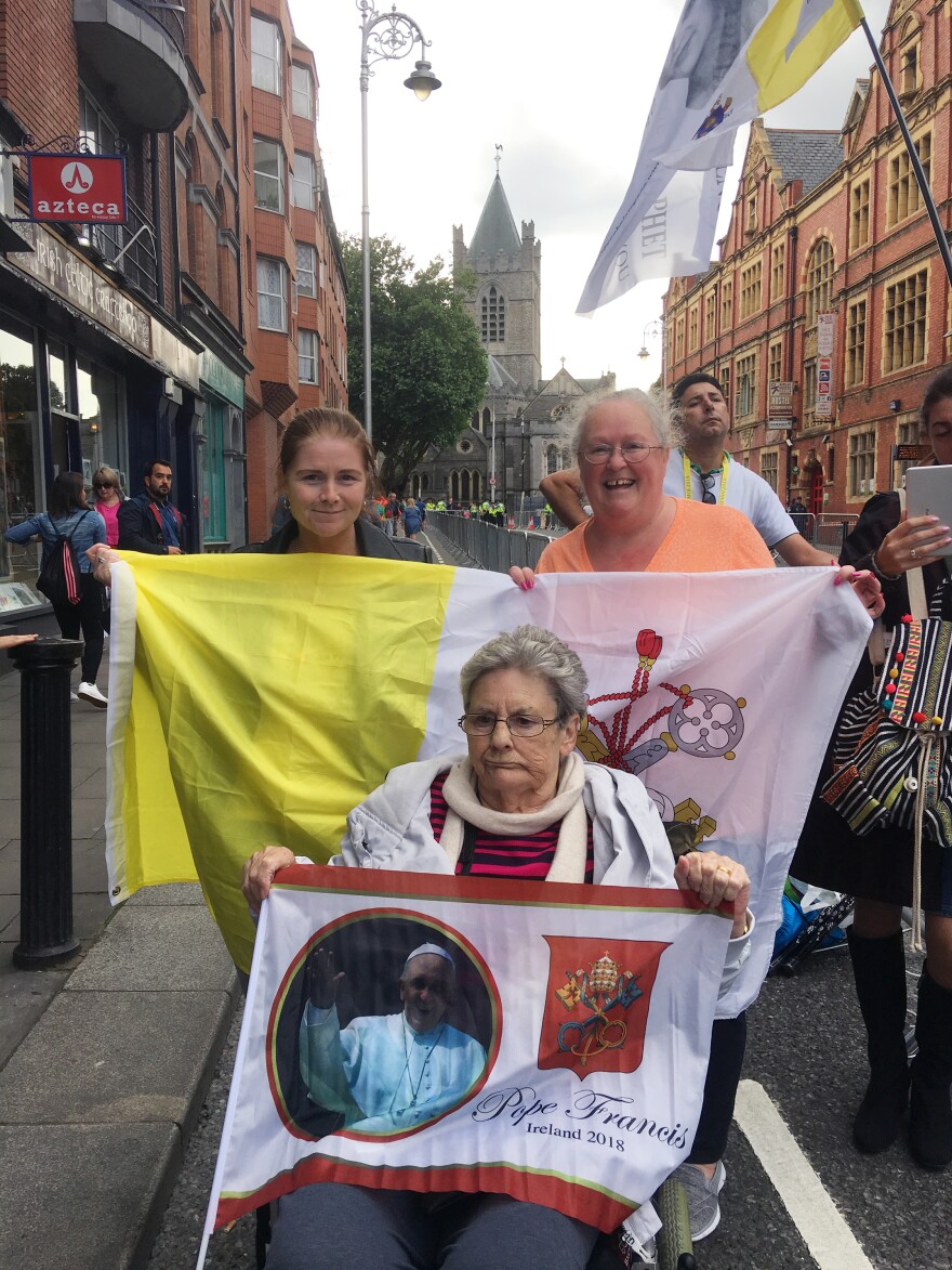 Carmel Malone (center), 78, came in her wheelchair on Saturday with her two daughters, Margaret and Catherine, to see Pope Francis during his visit to Dublin.