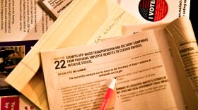 Election material is shown at a ballot Zoom party to go over measures up for a vote in Los Angeles, California. 