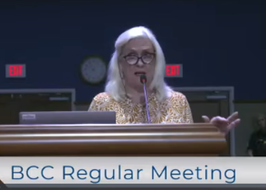 Escambia County resident Margaret Hofstetter asks commissioners to publicly discuss how they would prepare for potential revenue losses if voters approve Amendment 3 in November.