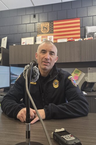 Bemidji Fire Chief Justin Sherwood speaks during a KAXE interview at Bemidji Fire Station No. 1 on March 13, 2026.