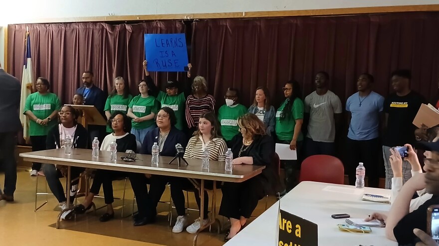 Plaintiffs in the lawsuit against part of the Arkansas LEARNS Act at a press conference in 2024.