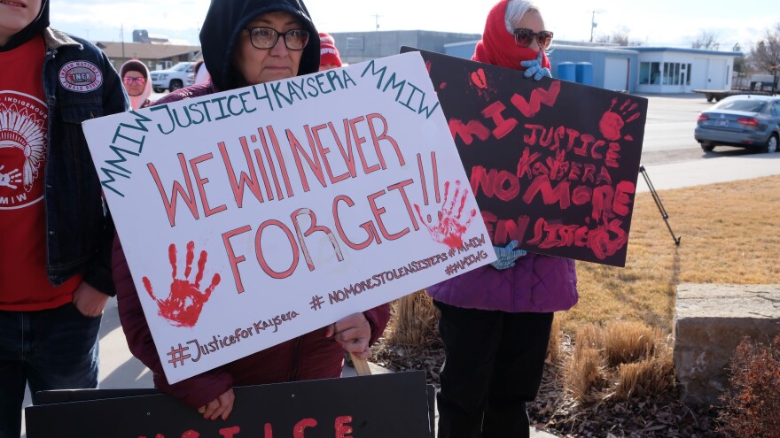A woman rallies for changes to how missing and murdered indigenous people's cases are investigated in Big Horn County on Feb. 24, 2020.