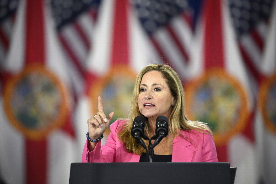 FILE - Former Rep. Debbie Mucarsel-Powell, a Democratic candidate for the U.S. Senate, addresses the crowd before an appearance by President Joe Biden during his reproductive freedom campaign event at Hillsborough Community College, April 23, 2024, in Tampa, Fla. (AP Photo/Phelan M. Ebenhack, File)