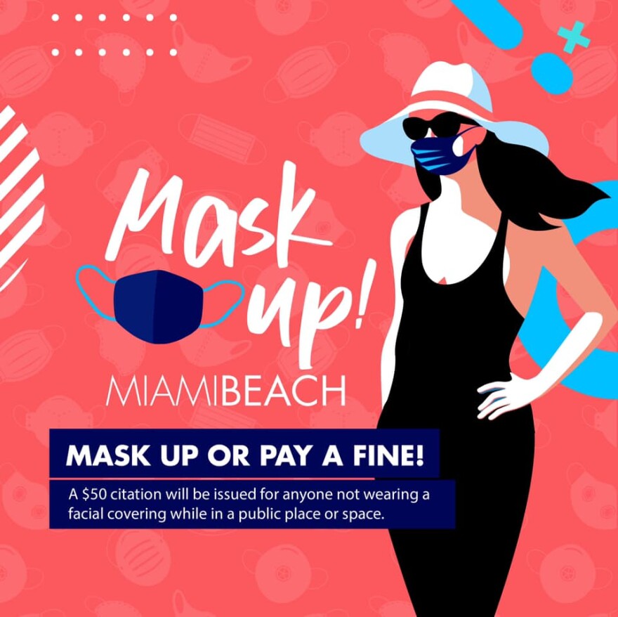 Miami Beach city officials has posters. banner and social media ads telling people to wear a mask. 