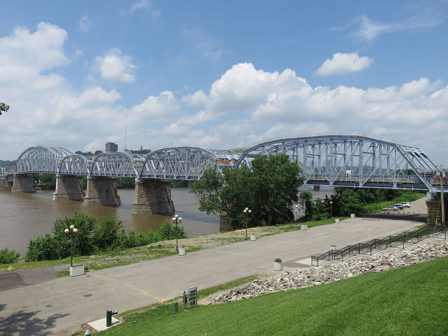 The historic L&O Bridge, now officially known as the Newport Southbank Bridge, and more colloquially as the Purple People Bridge, awaits a fresh coat of paint.