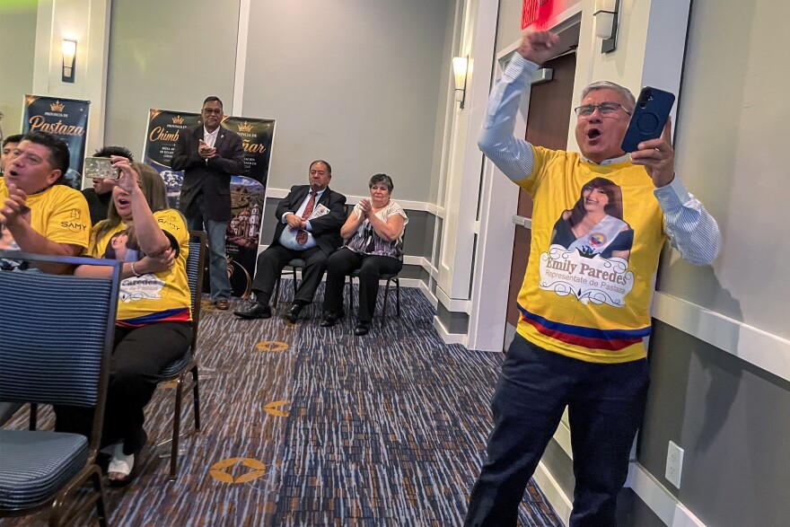Edgar Paredes is cheering for his daughter, Emily Paredes, one of the candidates in the pageant. He came to the event at the Waterbury Marriott Hotel on May 29, 2026 wearing a custom shirt that a family member had made in Ecuador. "I hope that the unity of our community is forged tonight," he said before the pageant started.