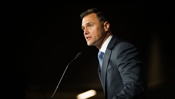 FILE - Dan Rayfield speaks on eletion night in 2024.