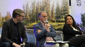 From left, Rep. Nick Begich III, Peter Micciche and Märit Carlson-Van Dort participate in a panel at the Kenai River Sportfishing Association's annual Kenai Classic Roundtable on Wednesday, Aug. 20, 2025 in Soldotna, Alaska.