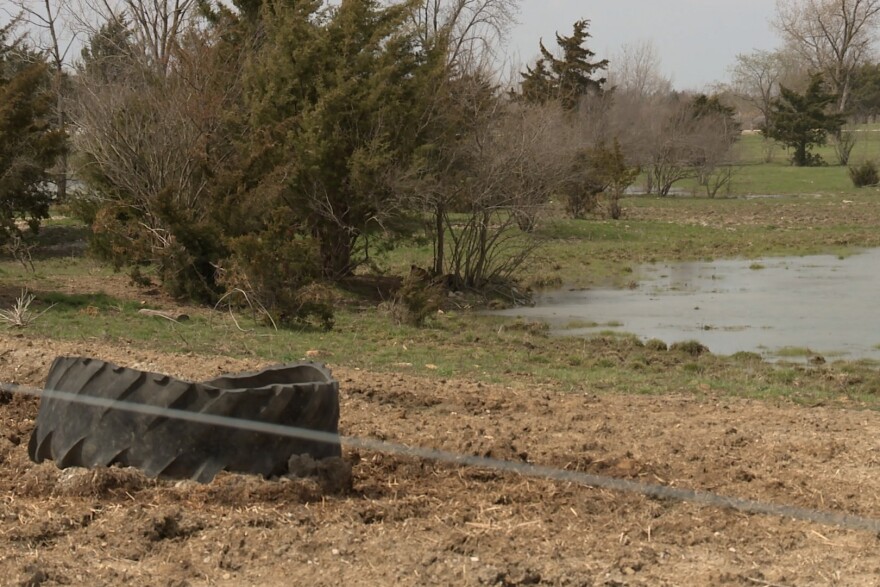 A used tire beside a large mudpuddle