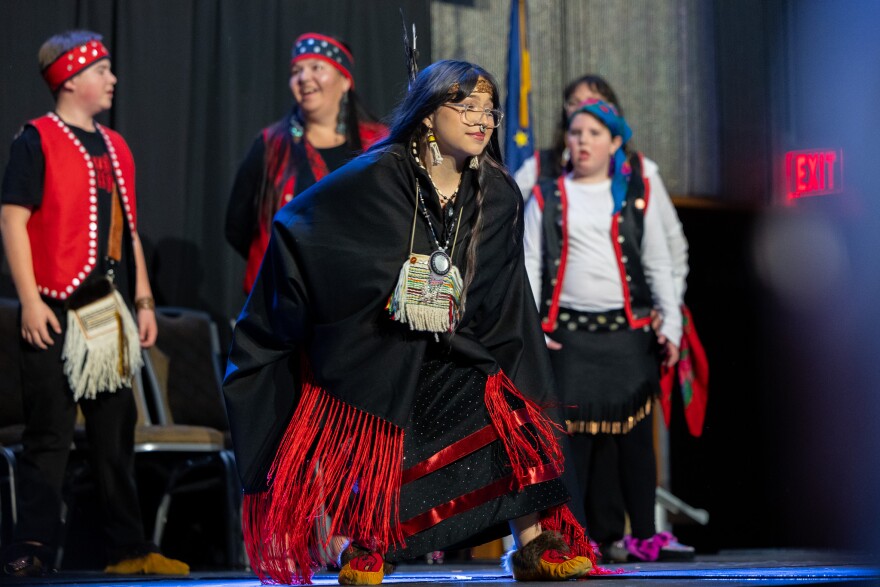 Amelia Abeyta is a Yées Ḵu.oo dancer. She's Tsimshian and Pueblo. Abeyta said Quyana was her first big performance.