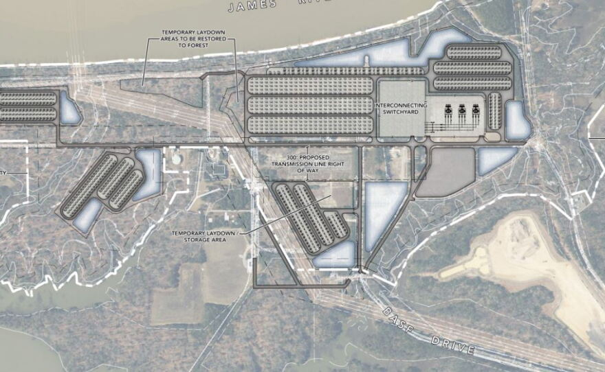 A site plan map for Tenaska's proposed battery energy storage system near the James River filed with James City County