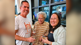 "Team HPR-2" at HPR Gen Listen Trivia at Village Bottle Shop & Tasting Room in Kakaʻako, pictured left to right: Evening Concert's Craig DeSilva, Morning Café/Concert and Sunday Brunch's Gene Schiller, and Classical Pacific's Sharene Taba