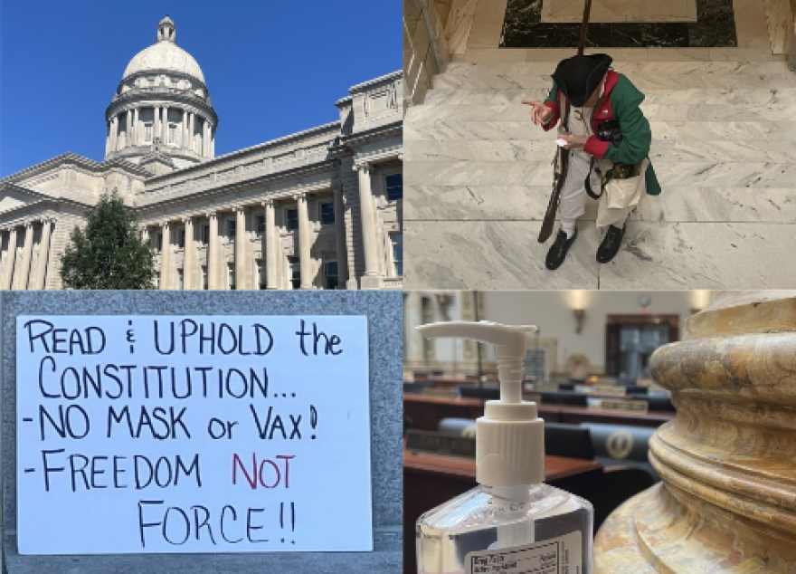 The Kentucky Capitol (top left), an anti-mask protester (top right), a demonstrator's sign propped near the Capitol entrance (bottom left), and hand sanitizer in the Kentucky Senate (bottom right)