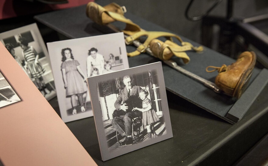 A image of FDR at a section of the exhibit titled "Society's Attempt at Erasing Disability." (Robin Lubbock/WBUR)
