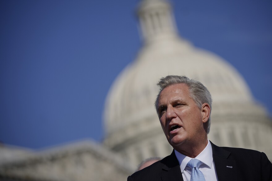 House Minority Leader Kevin McCarthy (R-CA) speaks during a news conference with House Republicans about U.S.-Mexico border policy outside the U.S. Capitol on March 11, 2021 in Washington, D.C.