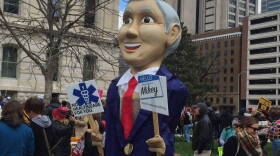 A Mike Pence costume at the women's rights rally at the Indiana Statehouse Saturday, April 9.