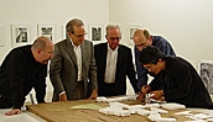 Architect Kyu Sung Woo (right) with (left to right) Bruce Hartman, Lewis Nerman, Jerry Nerman, and David Reid.
