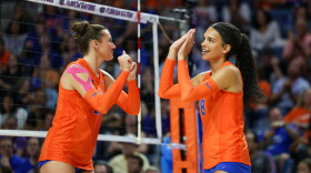 Florida middle blocker Alec Rothe (25) celebrates with opposite hitter Logan King (8) during an NCAA volleyball game against Kentucky, Sunday, Oct. 4, 2026, in Gainesville, Fla. (Reagan Bresnahan/WRUF)