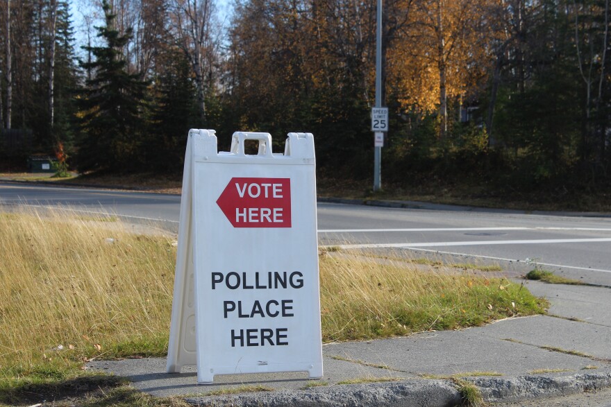 A sandwich board sign marks the entrance to a polling place on Tuesday, Oct. 7, 2025 in Soldotna, Alaska.