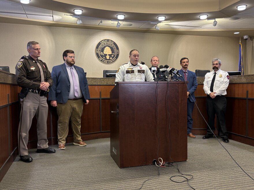 Cass County Sheriff Jesse Jahner speaks to reporters.