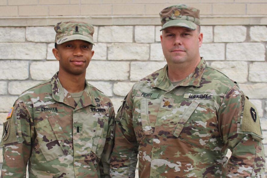 Georgia National Guard 1st Lt. Ashton Griffith (left) serves as the Task Force Volunteer executive officer. Maj. Mike Perry is a public affairs officer with the Texas National Guard.