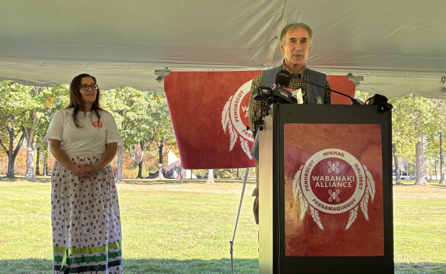 Maulian Bryant (left), executive director of the Wabanaki Alliance, and Barry Dana, former Penobscot chief, on Monday, Oct. 12, 2026.