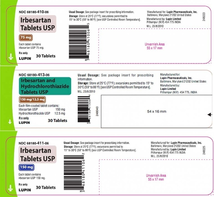 Examples of some of the two blood pressure medications that Lupin is recalling. It's recalling various dosages of irbesartan tablets and irbesartan and hydrochlorothiazide tablets.