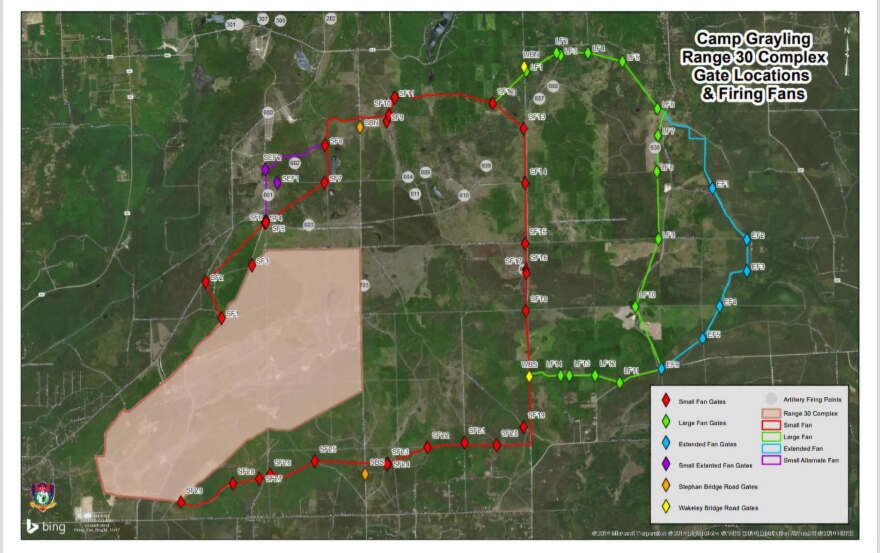 A map of the Camp Grayling Range 30 Complex and adjoining land, illustrating which sections will be closed to the public from Nov. 7 to 22 for a US Department of Defense Drone Dominance program. The timing of the closure coincides with the beginning of Michigan’s firearm deer season