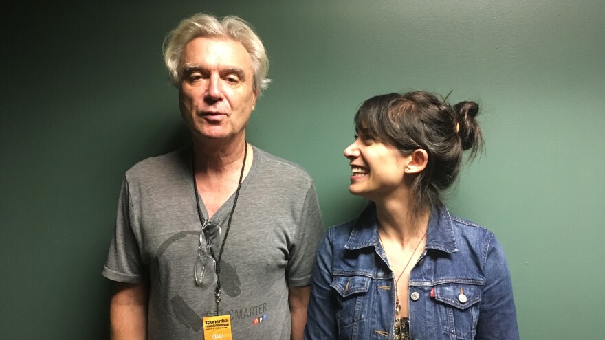 David Byrne (left) with World Cafe Host, Talia Schlanger (right) backstage at the 2018 XPoNential Music Festival.