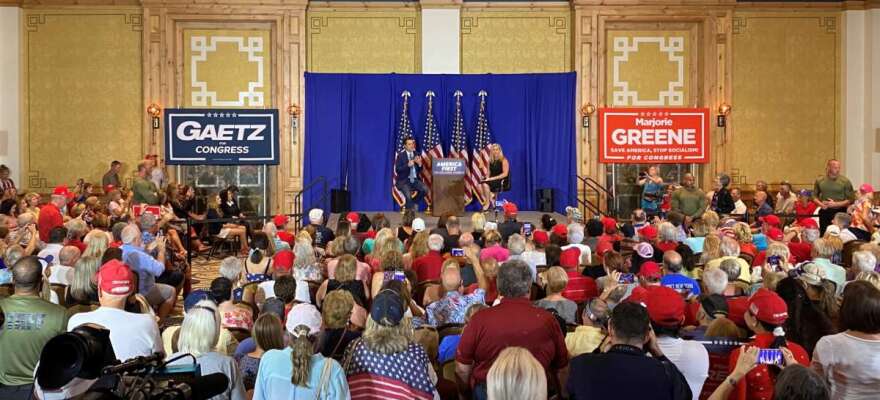 U.S. representatives Matt Gaetz and Marjorie Taylor Greene kicked off their America First tour in The Villages Friday night. Photo: Joe Byrnes