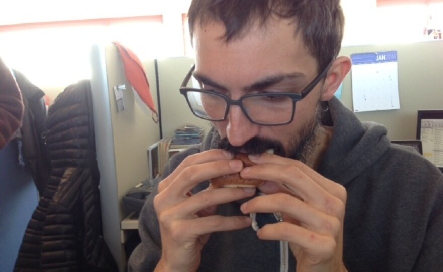 Thanks to the small size of the slider, Ian only needs 6/10ths of his fingers to eat one.