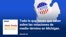 En la imagen se puede observar un mapa de Michigan. Sobre el mapa se encuentra una calcomania que dice "I Voted" (Yo vote). La calcomania tiene un fondo de la bandera Estadounidense. En el lado inferior de la imagen está el logo de Que Onda Michigan sobre un fondo blanco. En la parte derecha las siguientes palabras están escritas: "Todo lo que tienes que saber sobre las votaciones de medio-término en Michigan"  y "Episodio 60". El fondo de la imagen es del color azul. 