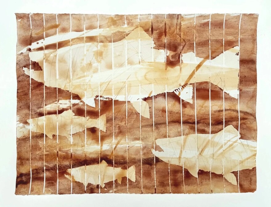 Artist Sally Veach used a pigment made from the orangey-yellow mining sludge called 'Yellow Boy' to make paintings for this exhibit. This one shows several brook trout, which require a very healthy stream to survive.