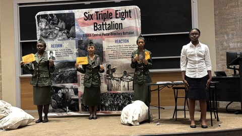 La Vega sixth graders Riley Satchel, from left, T'Najah Gilliam, Sariyah Dancer and Campbell Baldwin perform their history project on World War II's 6888th Central Postal Directory Battalion during State History Day in April. The team placed first and advanced to nationals, which are held June 14 - 18 at the University of Maryland.
