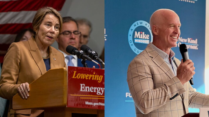 Massachusetts Gov. Maura Healey, left, and her Republican challenger Mike Minogue faced off in the first debate of the campaign on Thursday, Oct. 8, 2026, in Boston.