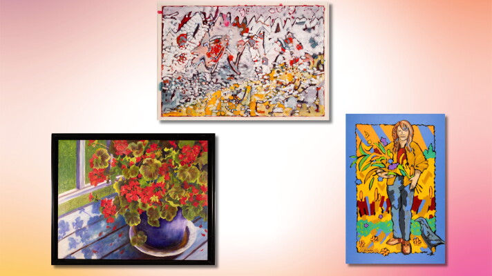 A painting of red flowers in a purple pot in the bottom left, a painting of red, white, yellow and blue colors in the top middle, and a bright yellow and blue painting of a woman holding flowers on the right. 