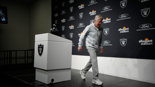 Las Vegas Raiders head coach Pete Carroll walks away from the podium after speaking during a news conference following an NFL football game against the Kansas City Chiefs Sunday, Jan. 4, 2026, in Las Vegas. (AP Photo/John Locher)