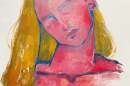 A painting of a blond woman from the shoulders up.